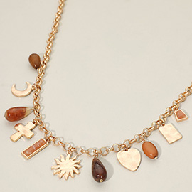 Sunburst Cross Heart Teardrop Stone Charm Station Necklace