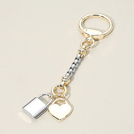 14K Gold Plated Two Tone Heart Padlock Charm Keychain Bag Charm