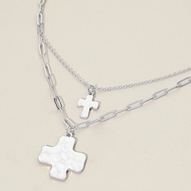 Hammered Metal Cross Pendant Accent Double Layered Necklace