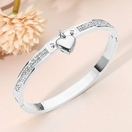 Stainless Steel Heart Charm Accent CZ Stone Paved Hinged Bangle Bracelet