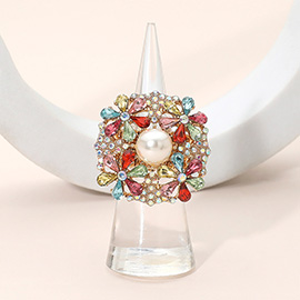 Pearl Centered Rhinestone Embellished Blossom Stretch Statement Ring