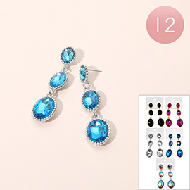 12Pairs - Trio Oval Stone Link Drop Earrings