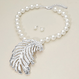 Bold Textured Metal Leaf Pendant Accent Pearl Statement Necklace