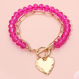 Hammered Metal Heart Charm Beaded Paperclip Chain Layered Toggle Bracelet