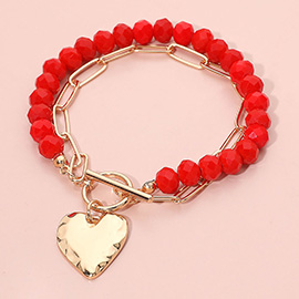 Hammered Metal Heart Charm Beaded Paperclip Chain Layered Toggle Bracelet