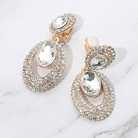 Oval Halo Drop Evening Clip On Earrings