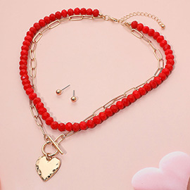 Hammered Metal Heart Toggle Pendant Accent Paperclip Beaded Chain Layered Necklace
