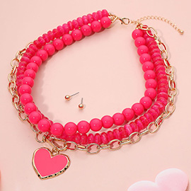Enamel Heart Pendant Accent Chunky Beaded Layered Statement Necklace