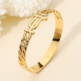 Stainless Steel Sculptural Interlock Accent Hinged Bangle Bracelet