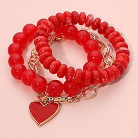 3PCS - Enamel Heart Charm Chain Stretch Beaded Multi Layered Bracelets