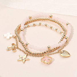 3PCS - Quatrefoil Bow Heart Cross Charm Pearl Metal Ball Faceted Beaded Stretch Multi Layered Bracelets