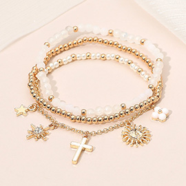 3PCS - Cross Flower Star Sunburst Charm Pearl Metal Ball Faceted Beaded Stretch Multi Layered Bracelets