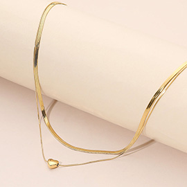 SECRET BOX_Stainless Steel Heart Pendant Accent Herringbone Chain Layered Necklace