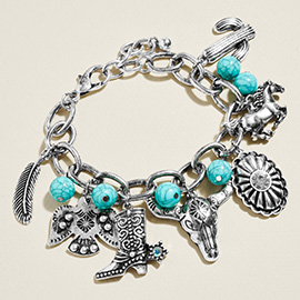 Boho Western Cowboy Boot Steer Head Cactus Concho Feather Charm Station Bracelet