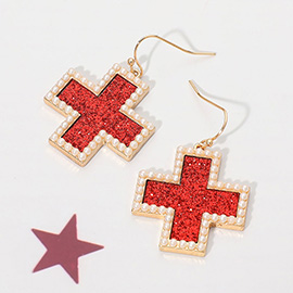 Pearl Edge Sparkle Cross Dangle Earrings