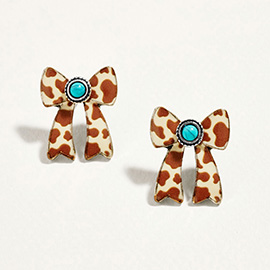 Oval Turquoise Stone Center Animal Pattern Print Western Bow Earrings