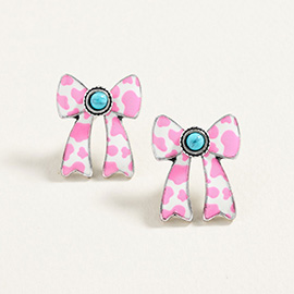 Oval Turquoise Stone Center Animal Pattern Print Western Bow Earrings