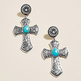 Boho Oval Turquoise Stone Accent Cross Dangle Earrings