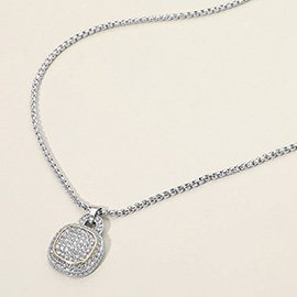Two Tone Rhinestone Paved Square Pendant Necklace
