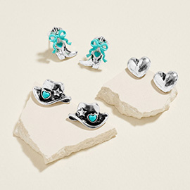 3Pairs - Western Cowboy Hat Boot Heart Stud Earrings