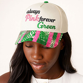 PINK GREEN Message Embroidered Palm Tree Pattern Printed Brim Baseball Cap