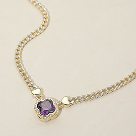 14K Gold Plated CZ Quatrefoil Pendant Pointed Chain Necklace