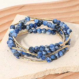 5PCS -Round Ball Curved Textured Bar Beaded Stretch Multi Layered Bracelets