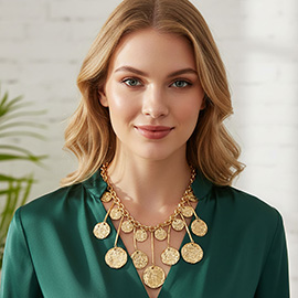Hammered Metal Mixed Coin Drop Dangle Statement Necklace