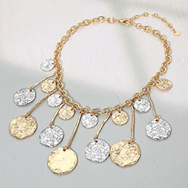 Hammered Metal Mixed Coin Drop Dangle Statement Necklace