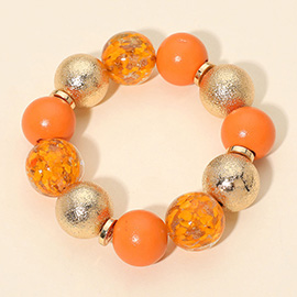 Wooden Textured Metal Resin Ball Beaded Stretch Bracelet