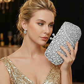 Floral Leaf Crystal Frame Evening Clutch Shoulder Bag