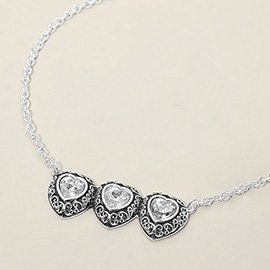 Triple Antique Metal Scrollwork Frame Heart Tile Pendant Necklace