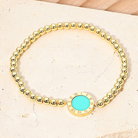 Roman Numeral Round Disc Pointed Stainless Steel Ball Beaded Stretch Bracelet