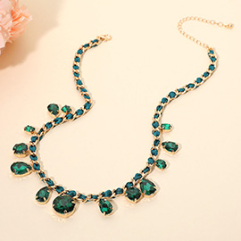 Round Teardrop Stone Cluster Station Bow Braided Chain Necklace