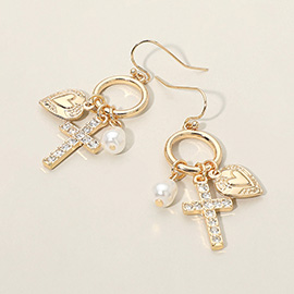 Cross Heart Pearl Charm Drop Dangle Earrings