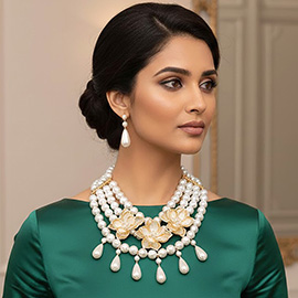 Bold Floral Embellished Pearl Strand Statement Necklace