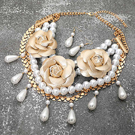 Bold Faux Leather Floral Embellished Pearl Strand Statement Necklace