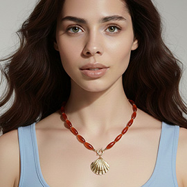 Textured Metal Shell Toggle Pendant Chunky Oval Resin Beaded Statement Necklace