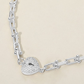 14K Gold Plated CZ Stone Paved Heart Lock Pendant Industrial Chain Link Necklace