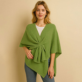 Front Tie Textured Knit Wrap Shawl Poncho