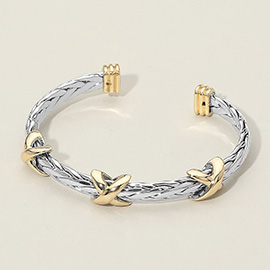 14K Gold Plated Two Tone Criss Cross Accent Braided Cuff Bracelet