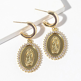 Gold Dipped CZ Halo Virgin Mary Oval Medallion Drop Dangle Mini Hoop Earrings