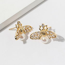 Gold Dipped Pearl Accent CZ Stone Paved Bee Stud Earrings
