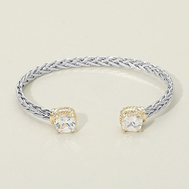 14K Gold Plated CZ Stone Tip Two Tone Braided Cuff Bracelet