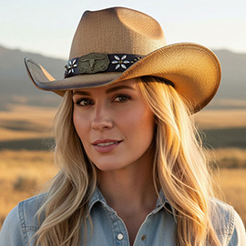Vintage Metal Steer Head Buckle Accent Floral Studded Band Distressed Straw Western Cowboy Hat