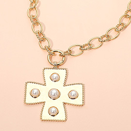 Pearl Beaded Metal Cross Pendant Toggle Necklace